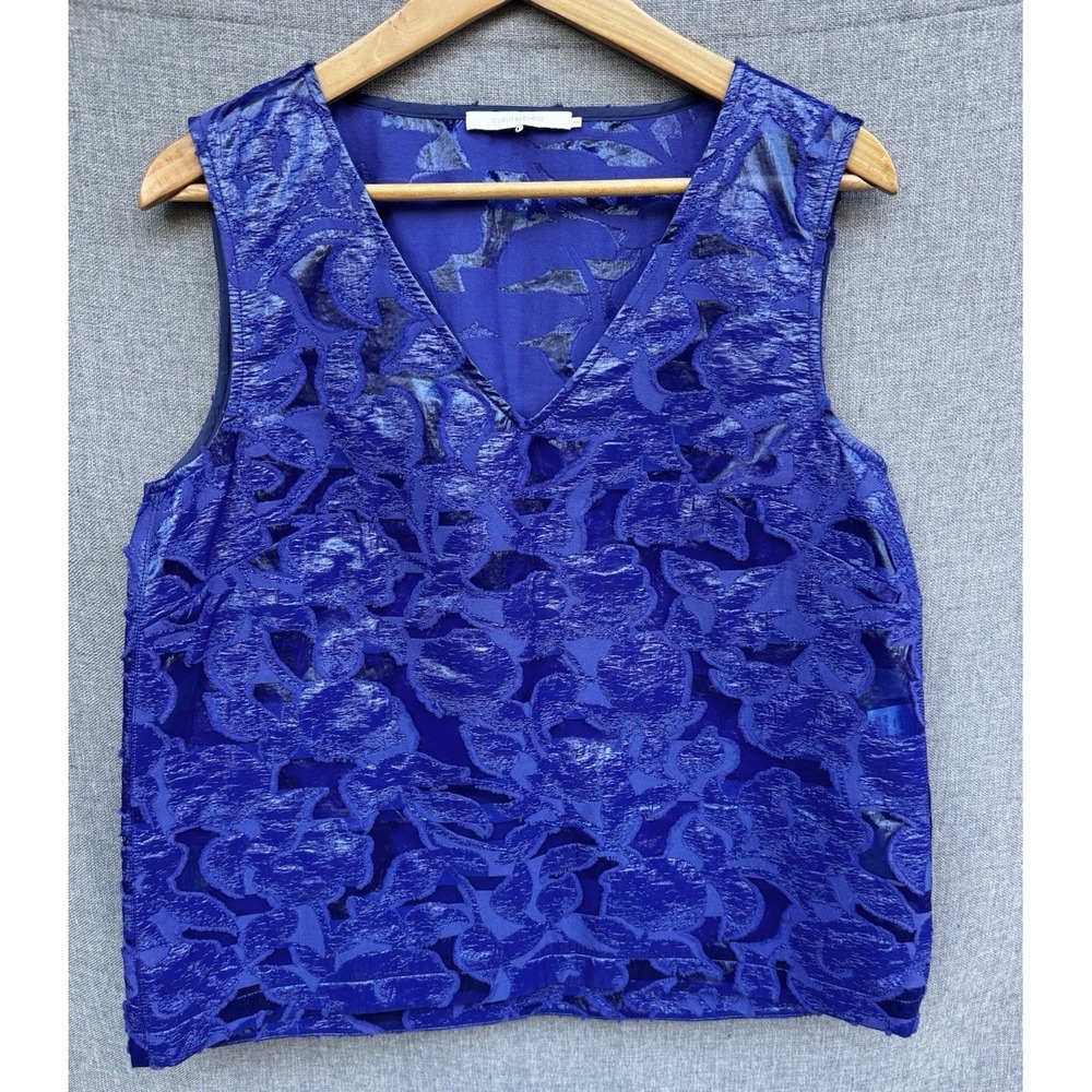 L'AUTRE CHOSE IT44 US8/10  Sleeveless Floral Top Bouse V Neck Deep Blue/Indigo